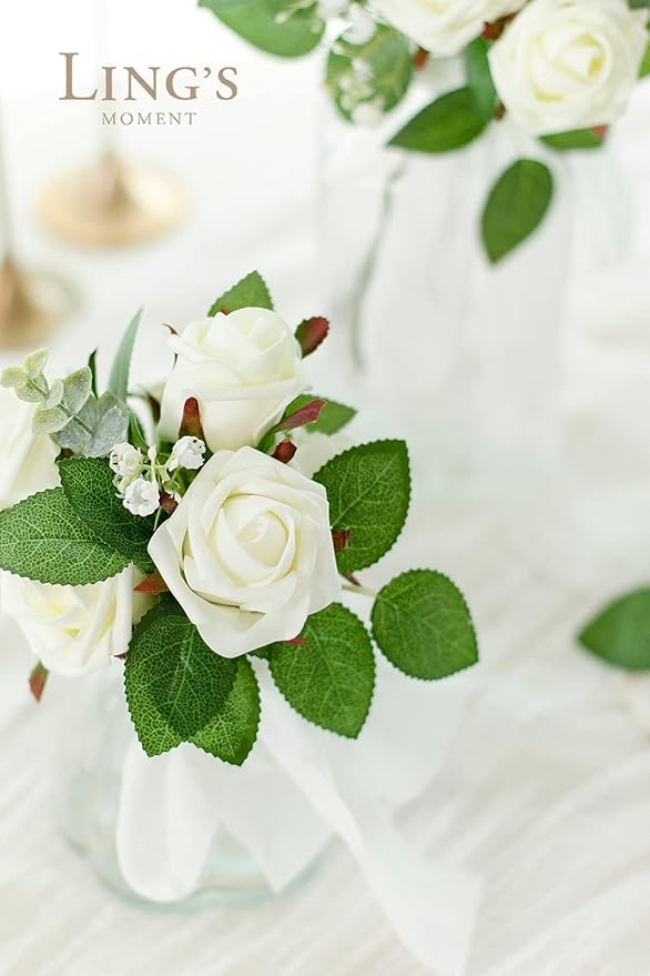 Ling's moment Artificial Wedding Flowers 1.5" Rose Buds and 2" Petite Roses 25pcs Ivory w/Stem for DIY Wedding Boutonniere Wrist Corsages Bouquets Centerpieces Arrangements