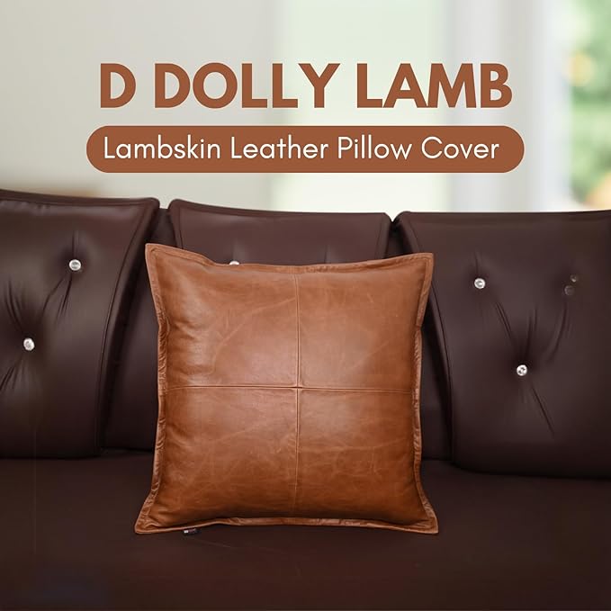 D DOLLY LAMB Lambskin Leather Pillow Cover - Sofa Cushion Case - Decorative Throw Covers for Living Room & Bedroom, 14x14 Inches - Tan Orange Box Pack of 1