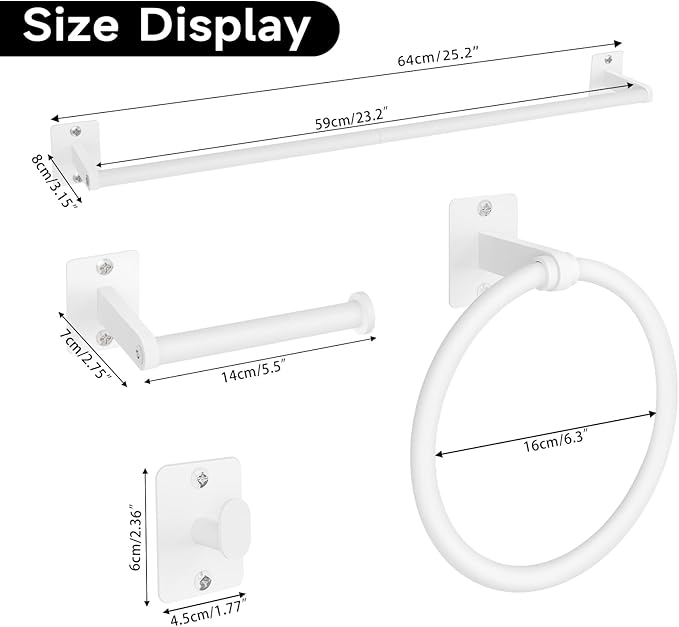 KLJKPA Bathroom Accessories Set, 4 Pieces White Bathroom Hardware Set, 24 inch Towel Bar, Towel Racks for Bathroom, Robe Towel Hooks, Toilet Paper Holder Wall Mounted