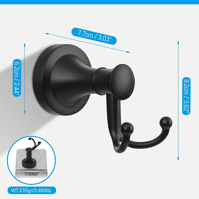 Black Bathroom Towel Hook, Matte Black Bathroom Robe Hook, Heavy Duty Double Towel Hooks Bath Modern Coat Clothes Hook Wall Mounted for Kitchen Washroom