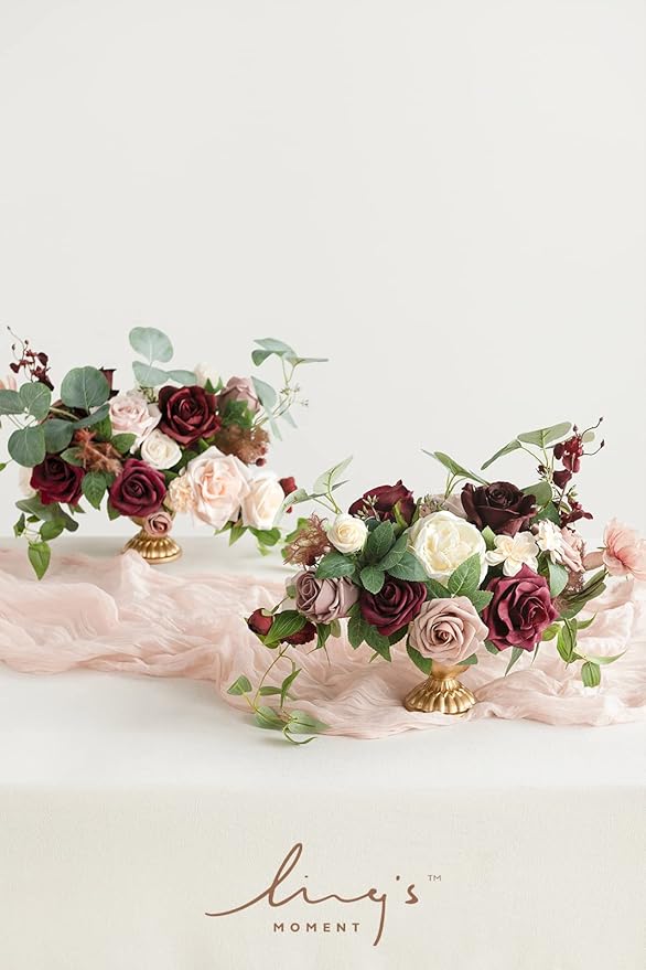 Ling's moment Wedding Centerpiece Flower with Vase for Ceremony/Reception Tabletop Mantel Archway Aisle, Set of 2 | Romantic Marsala