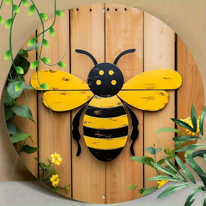 1pc, Round 8x8inch(20x20cm) Aluminum Bee Wall Art Decor, Set of 1, Aluminum Outdoor Sign - Weather Resistant, Pre-Drilled, Waterproof for Home, Living Room, Coffee Shop, Office Decoration