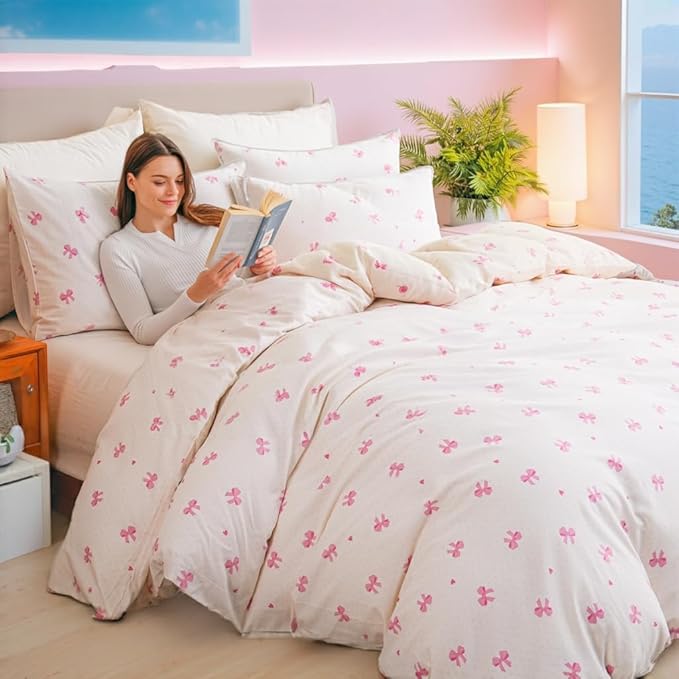 Pink Bow Duvet Cover Set King 100% Nature Cotton Duvet Cover 3 Pcs Girls Cute Comforter Cover with Zipper Closure Ultra Soft Breathable Bedding Set for All Seasons