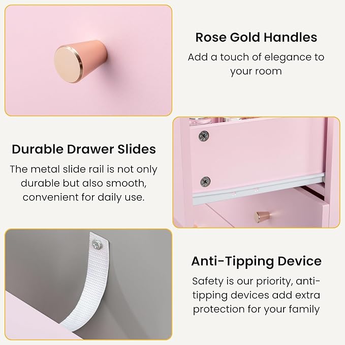 Karl home Pink 7 Drawer Dresser for Bedroom, Tall Dresser Chest of Drawers, Wood Pink Bedroom Dressers for Girls, Anti-Tipping Device, Rose Gold Metal Handle, Living Room, Entryway, Hallway, Office