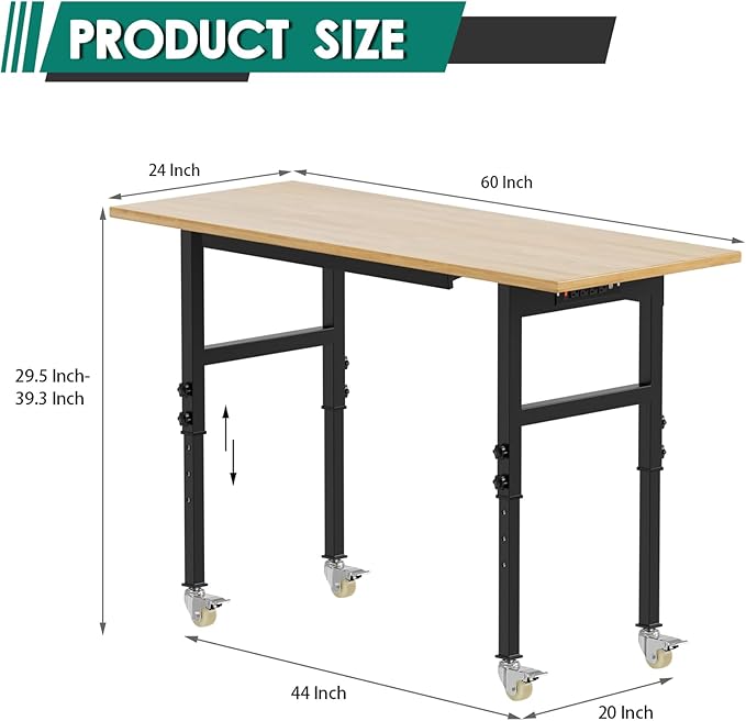 Adjustable Heavy Duty Workbench with Drawers,Rubber Wood Top Working Table, 2500 LBS Load Capacity with for Workshop and Office,etc.
