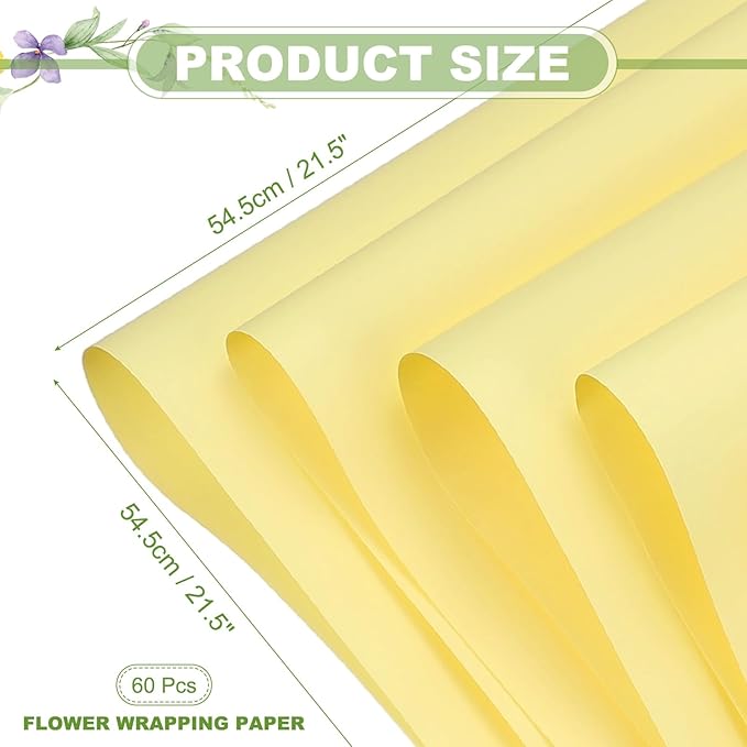 uxcell 60 Sheets Flower Wrapping Paper, 21.5" x 21.5" Waterproof Floral Bouquet Wrapping Papers Florist Supplies for Wedding Party Gift Packaging DIY Crafts, Light Yellow