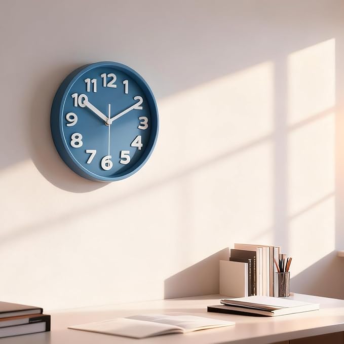 45MinST 8-Inch Blue Modern Wall Clock – Silent Non-Ticking, 3D Large Numbers, Accurate Timekeeping | Decorative Wall & Desk Clock with Stand for Living Room, Bedroom, Kitchen, or Office