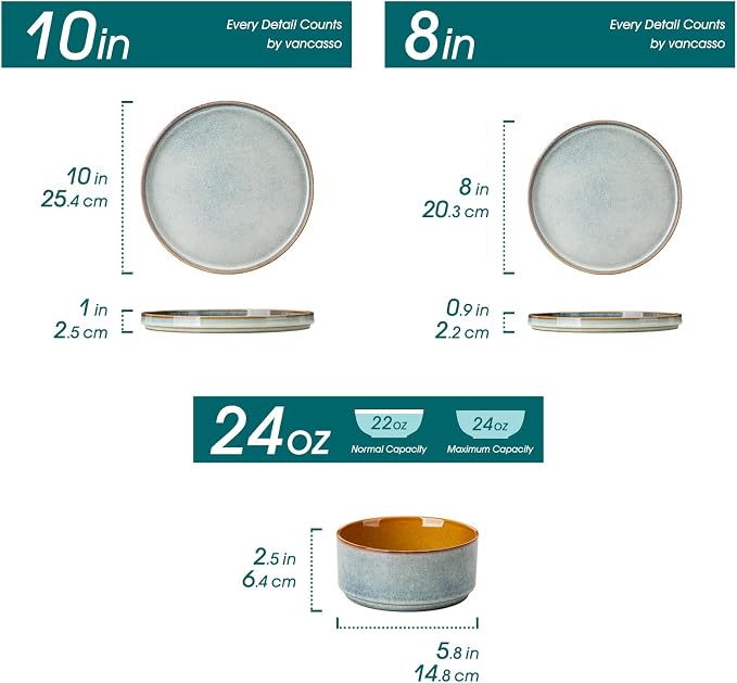 vancasso ONION Ceramic Plates and Bowls Sets, 24 Pieces Light Blue Dinnerware Sets for Kitchen, Reactive Glaze Dishes Set for 8, Dishwasher and Microwave Safe