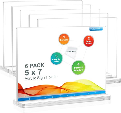BlueValley Acrylic Sign Holder - Double-Sided Clear Display Stand for Menus & Flyers | 7x5 Desktop Frame - 6 Pack