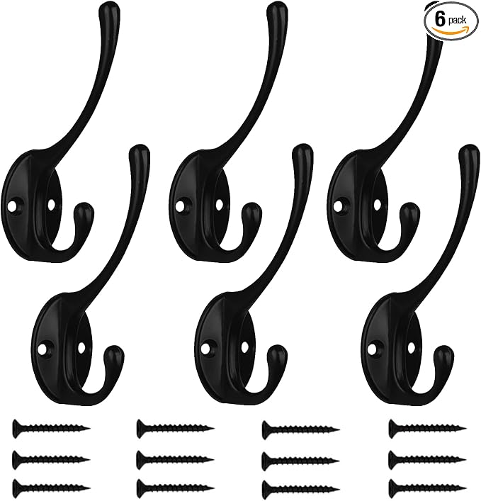 Kruodop 6Pcs Coat Hooks Wall Hooks for Hanging Heavy Duty, Wall Mounted Black Towel Hooks, Metal Single Coat Hanger with Screws Cup Retro for Coats, Handbags, Towels