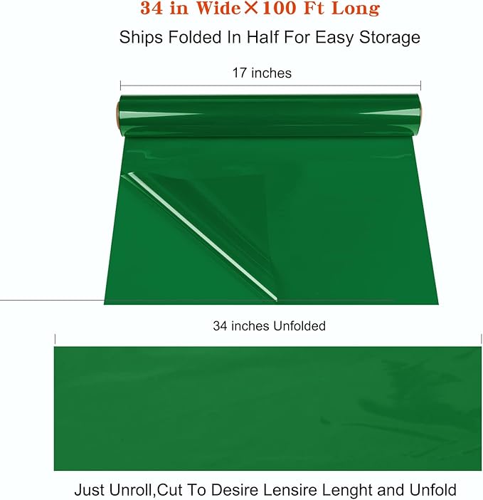Clear Cellophane Wrap Roll-Green Plastic Cello Paper Roll 34 In Wide X 100 Ft Long, 3 Mil Thick Gift Wrapping Paper for Hampers, Flower Paper Wrap For Bouquets, Baskets, Treats, DIY Arts Crafts Décor