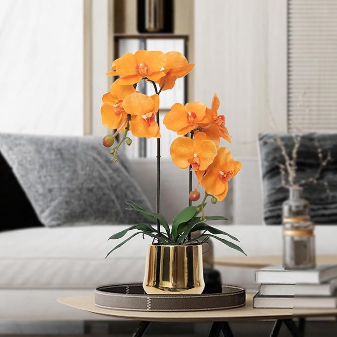 CXGS Orchids Artificial Flowers Realistic Fake Flowers in Ceramic Pot 20" Orange Lifelike Faux Floral Arrangement Soft PU Phalaenopsis for Home Hotel Indoor Decor, Centerpiece Display