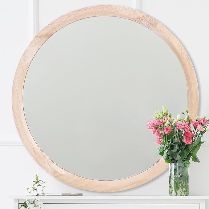 MAGFLERUM 28 Inch Round Wood Mirror - Circle Mirror for Nursery, Boho Style - Wall Decor for Bedroom, Living Room, Hallway (Nature)