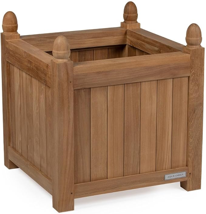 Ash & Ember Grade A Teak 25in Square Planter Box, Indoor Outdoor Large Cubed Flower Box, Weather Resistant Backyard Decor