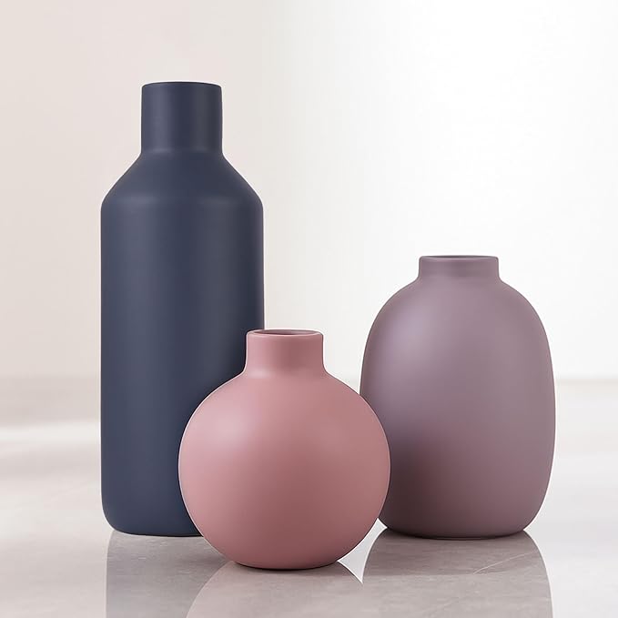 Ceramic Vase Set of 3, Modern Neutral Vases for Home Decor, Purple Gray Blue Pottery Vases for Pampas Grass, Dried or Fresh Flowers, Decorative Vase for Table, Shelf, Kitchen, Living Room, Bedroom