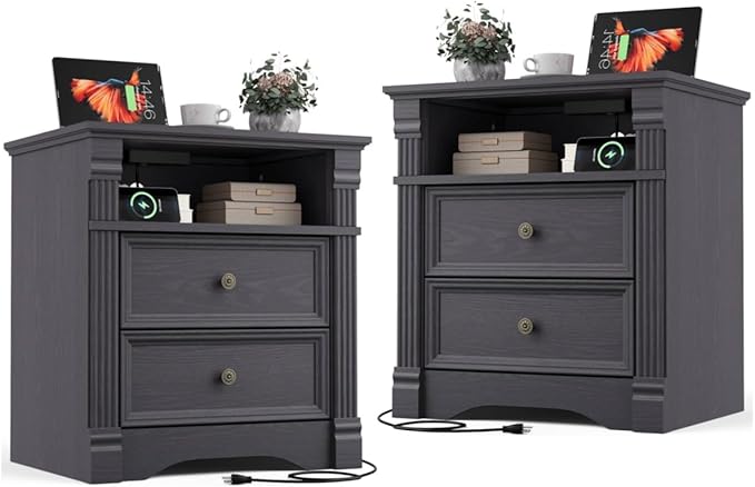 Grey Nightstand Set of 2 with Charging Station, Farmhouse End Table with 2 Drawers and Open Shelf, Wooden Bedside Table with Metal Handles, Vintage Design, Organizer for Bedroom, Hallway