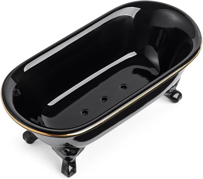 6.5" Ceramic Mini Decorative Clawfoot Bathtub Bar Soap Dish, Kitchen Sponge Holder and Shower Tray for Bathroom, 1 Pack (Black Gold Rim)