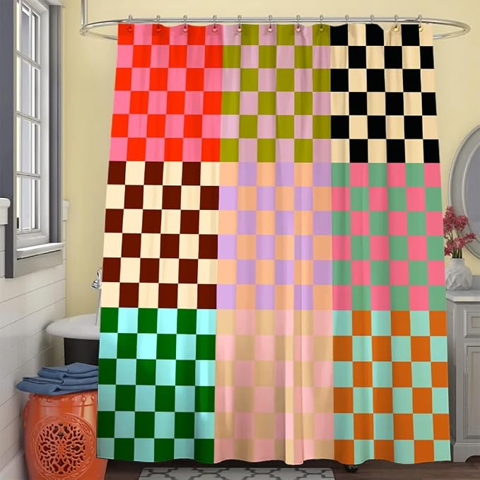Mid-Century Abstract Boho Shower Curtain, Retro 70s Colorful Checkerboard Art Curtains for Bathroom,Morden Boho Shower Curtains 72x72 Inch