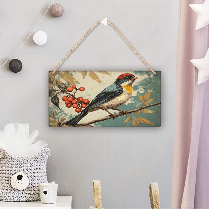 Vintage Bird Themed Wood Plaque Wooden Wall Decor 12x6 Inch Farmhouse Home Decor Entryway Kitchen Bedroom Nursery Art for Nature Lovers Rustic Hanging Decors