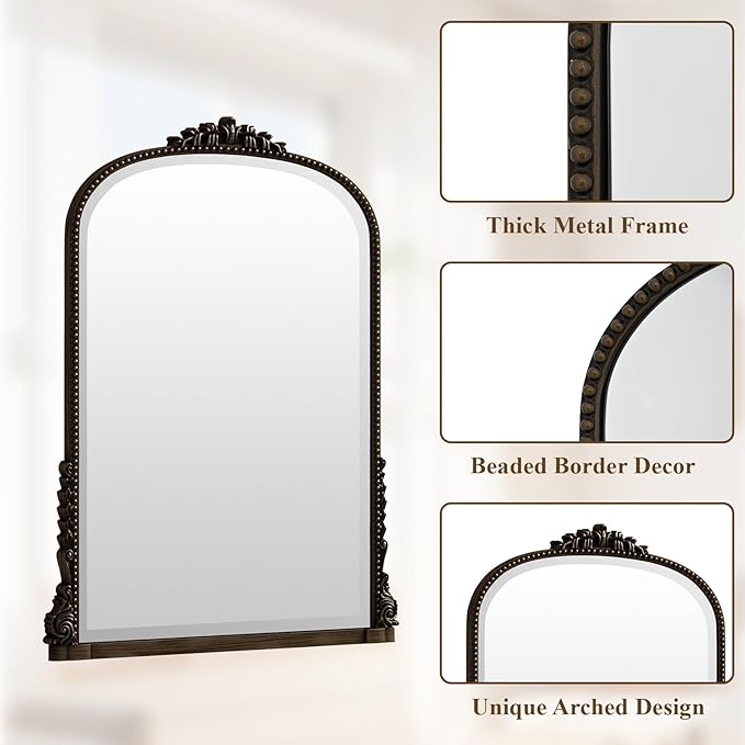 24"×32" Bronze Wide Arched Wall Mirror, Vintage Carving Bathroom Vanity Makeup Mirror, as Wall Decor Hanging Leaning for Fireplace Mantle, Living Room, Bedroom, Vanity Area
