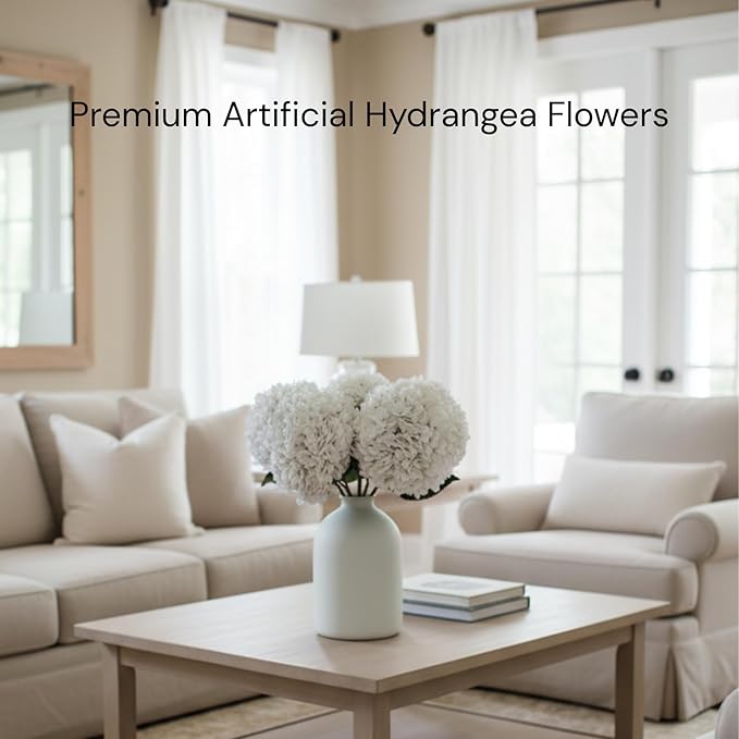 5 x Extra Large Faux Hydrangea Flowers For Centerpiece Table Decorations, Silk Hydrangea Stems Flowers, White Living Room Coffee Table Decor, Hortensias Artificiales, Realistic Lifelike, 19in Tall