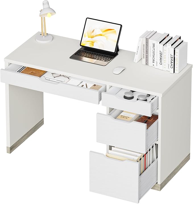 48 Inch White Desk with Drawers, Small Desk with 4 Storage Drawers for Kids, Computer Study Desk with Filing Drawers for Home Office