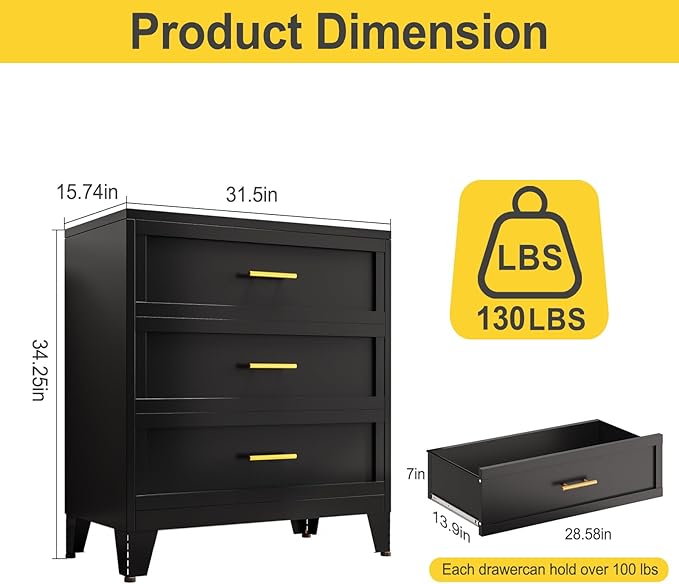 34.25" Tall Metal Dresser for Bedroom, 3 Drawer Black File Cabinet with Gold Handles, Dressers Chests with Fluted Panel, Vertical Drawer Storage Cabinet for Living Room, Entryway, Hallway