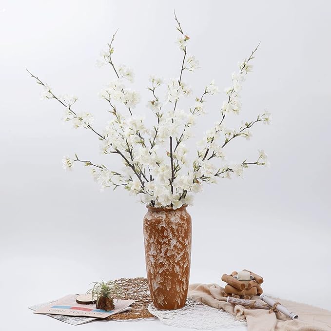 LESING 4pcs Artificial Cherry Blossom Stems,41.4" Realistic Fake Silk Long Stems Artificial Flower Branches for Floor Table Home Wedding Decoration (White-1)