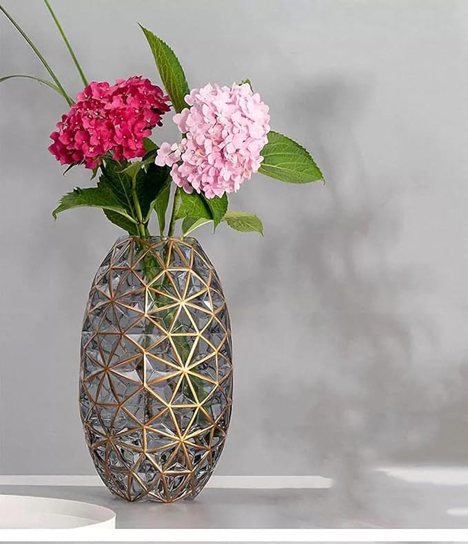 Hand Painted Gold and Grey Diamond Shaped Glass Crystal Vase 13.6 inch Tall,Modern Large Glass Home Office Decor for Living Room Dining Table Centerpieces, Birthday and Wedding