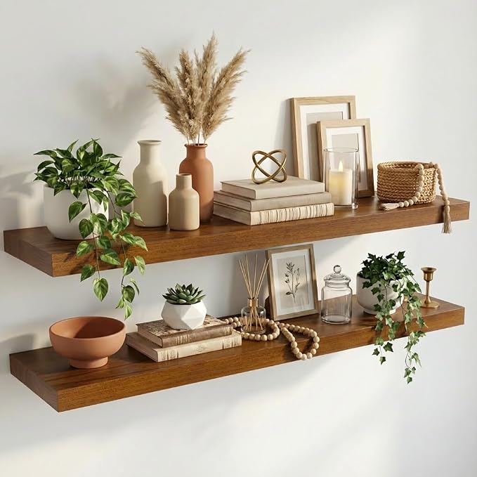 IAE Walnut Floating Wall Shelves 36 inch, Bathroom Shelf Wall Mounted,Invisible Shelving Floating Kitchen Shelf,Wooden wall Shelves with Brackets for Living Room wall Mounted,Easy Install,Set of 2