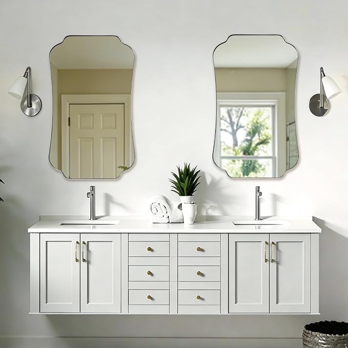 ANDY STAR 24"x40" Brushed Nickel Mirror, Scalloped Bathroom Wall Mirror in Anti-Rust Stainless Steel Metal Frame 1’’ Deep, Hangs Vertically/Horizontally