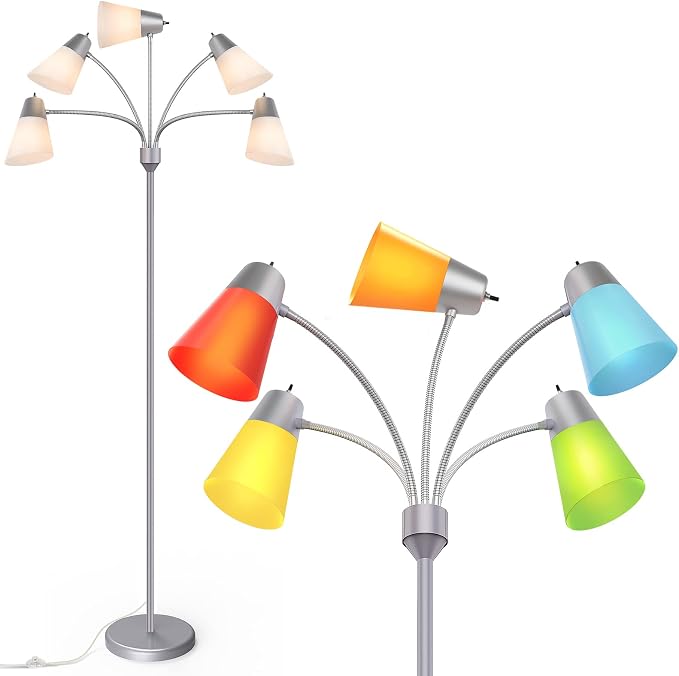 FOLKSMATE LED Floor Lamp, Medusa Multi-Head Modern Tall Standing Lamps, Adjustable Corner Reading Floor Light for Living Room, Bedroom, Kid Room, Classroom, Colored Lampshades, Silver Grey
