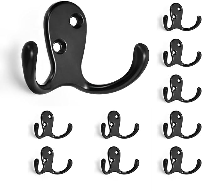 HOMOTEK 10 Pack Heavy Duty Coat Hooks Wall Mounted Double Prong(Left and Right) Rustproof Coat Hook Hardware Retro Dual Robe Hanger for Coat,Towel, Scarf, Hat, Bag, Key, Shoes, Matte Black