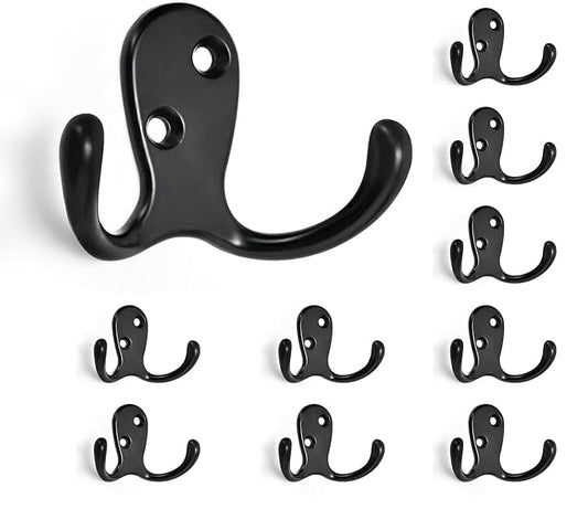 HOMOTEK 10 Pack Heavy Duty Coat Hooks Wall Mounted Double Prong(Left and Right) Rustproof Coat Hook Hardware Retro Dual Robe Hanger for Coat,Towel, Scarf, Hat, Bag, Key, Shoes, Matte Black