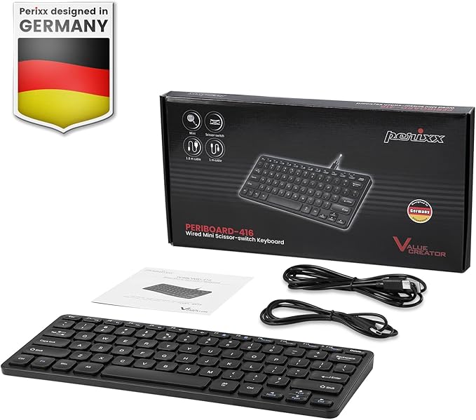 Perixx PERIBOARD-416 Wired Mini USB Keyboard with 4 Hubs - X Type Scissor Keys - Detachable USB-C and A Cable - US English