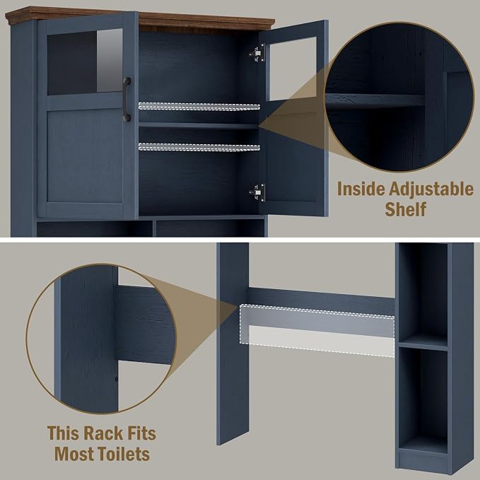Vabches Over The Toilet Storage Cabinet, Storage Cabinet Over Toilet with Double Doors & Toilet Paper Holder Stand, Freestanding Toilet Shelf Space Saver with Anti-Tip Design & Adjustable Shelf, Blue