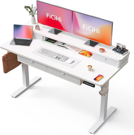 FiCiHi Adjustable Height Standing Desk with 4 Drawers,55 x 24 inches Electric Sit Stand Home Office Desk with Two Tiers, 3 Memory Presets, Monitor Stand Riser, C-Clamp Mount Compatible