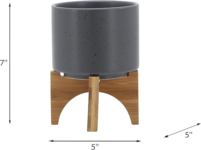 Ceramic Planter with Wood Stand - 5 Inch Matte Gray Unpatterned Indoor Flower Pot and Succulent Plant Pot with Drainage Hole, 1 Pack