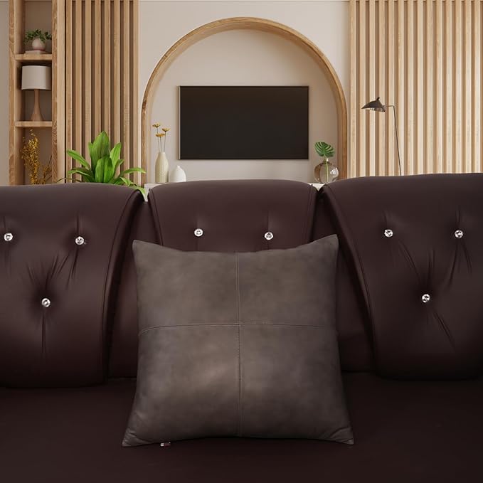 D DOLLY LAMB Lambskin Leather Pillow Cover - Sofa Cushion Case - Decorative Throw Covers for Living Room & Bedroom, 16x16 Inches - Grey Antique Plane Pack of 1