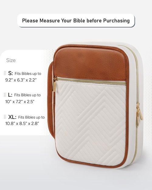 BellaHold Quilted Vegan Leather Bible Cover - Stylish Color-Blocked Case for Women | Large Size (White & Brown)