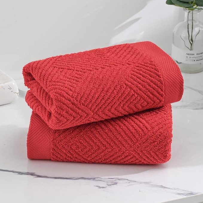 sense gnosis Red Hand Towel Set of 2 Striped Weave 13 X 29 Inch | Premium 100% Cotton Herringbone Pattern Ultra Soft Highly Absorbent Hand Towel for Bathroom