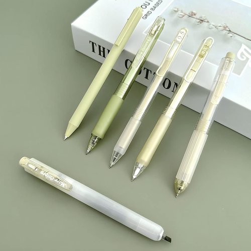 Allydrew Retractable Rollerball Pens & Highlighter Set - 0.5mm Black Gel Ink, Green (Set of 6)