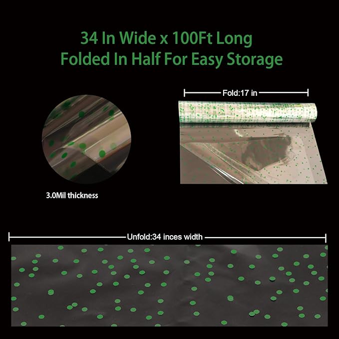 CMFYHM Clear Cellophane Wrap Roll (34" x 100’Ft) Green Polka Dot Cellophane, Transparent Cellophane Roll for Treats, Gifts, Baskets, Flowers, Birthday Party,Easter, Christmas Decorations