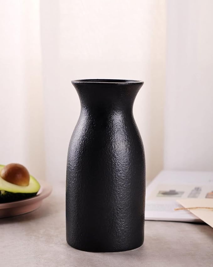 WHJY 6 inch Black Nordic Minimalist Matte Handmade Ceramic Vases, Japanese Zen Stoneware Flowerware, Floral Decorations, for Living Room, Study, Bedroom, Balcony, Bar - Short Black