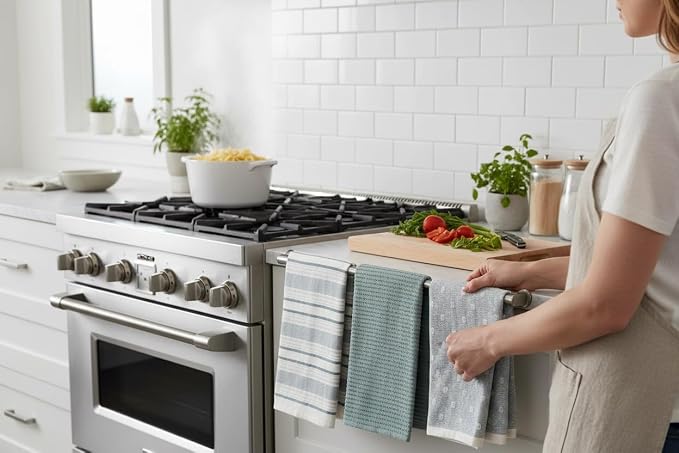Blue White Kitchen Hand Dish Towels: Oversized 28" x 16",100% Cotton Cloth Soft Cleaning Drying Absorbent Striped Solid Polka Dot Design, Set of 3 Multipurpose for Everyday Use (Blue Austin)