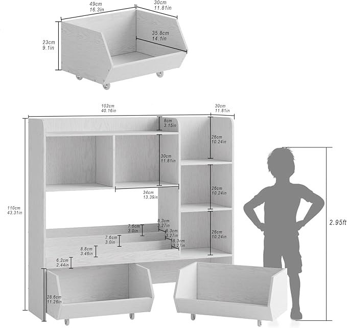 Toy Storage Organizer, Kids Bookshelf and Cabinet for Boys and Girls, Kids Bookcase and Storage Bin with Moveable Drawers for Nursery Room (White)