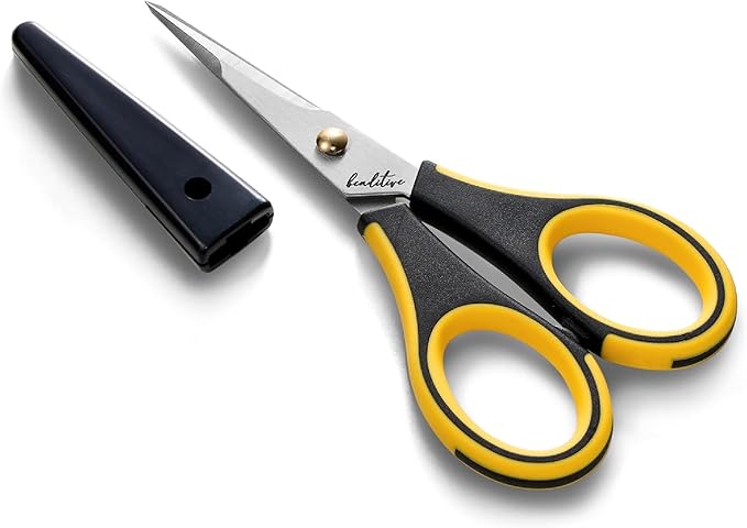 Beaditive Precision Craft Scissors - Stainless Steel Blades With Safety Cap - Ultra Sharp Tip & Non-Slip TPR Handles - For Adult & Kid Paper Crafting, Scrapbooking, Home, Office, and School Use