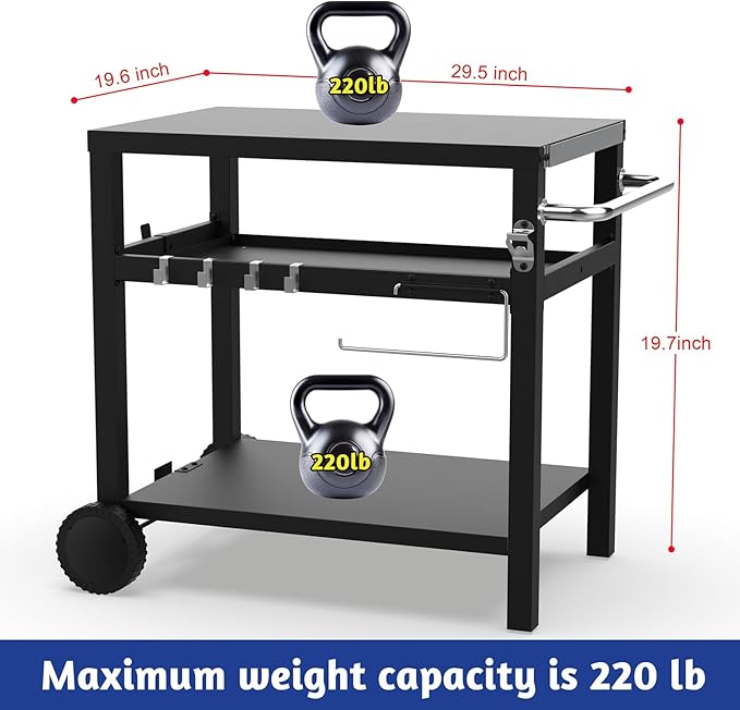 BBQCuker 29.5''x19.6'' Outdoor Grill Cart, Pizza Oven Table Stand, 3-Shelves Food Prep Table for Ninja Woodfire, Ooni Pizza Oven, 17'' & 22'' Blackstone Griddle, Grill Stand for Picnic, Camping