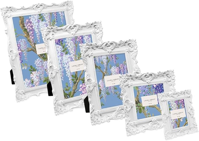 Laura Ashley 8x10 White Ornate Textured Hand-Crafted Resin Picture Frame with Easel & Hook for Tabletop & Wall Display, Decorative Floral Design Home Décor, Photo Gallery, Art, More (8x10, White)