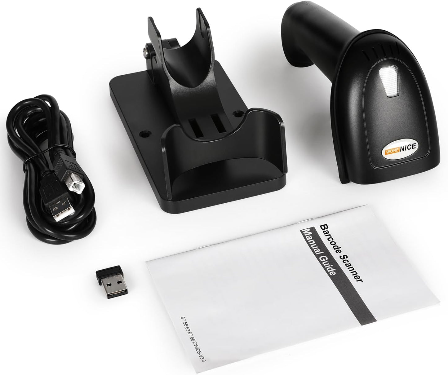 WoneNice Wireless Barcode Scanner - 1D & 2D QR Code Reader with Stand | USB Receiver, Black